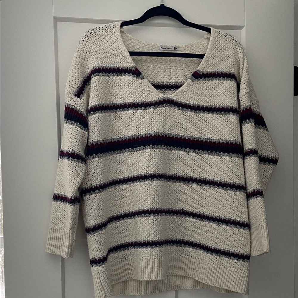 Pink Clover Cream V-Neck Sweater with Navy, Gray and Burgundy Stripes